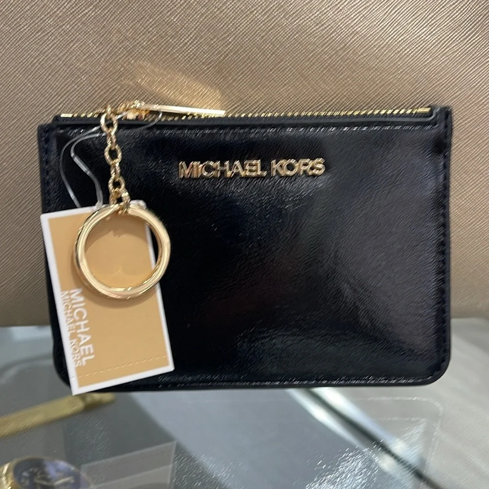 MICHAEL KORS Jet Set Travel Small Top Zip Coin Pouch With ID Keychain  Black NWT